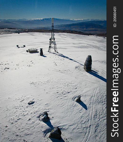 Aerial view of transmitting tower and obelisk rocks. Aerial view of transmitting tower and obelisk rocks