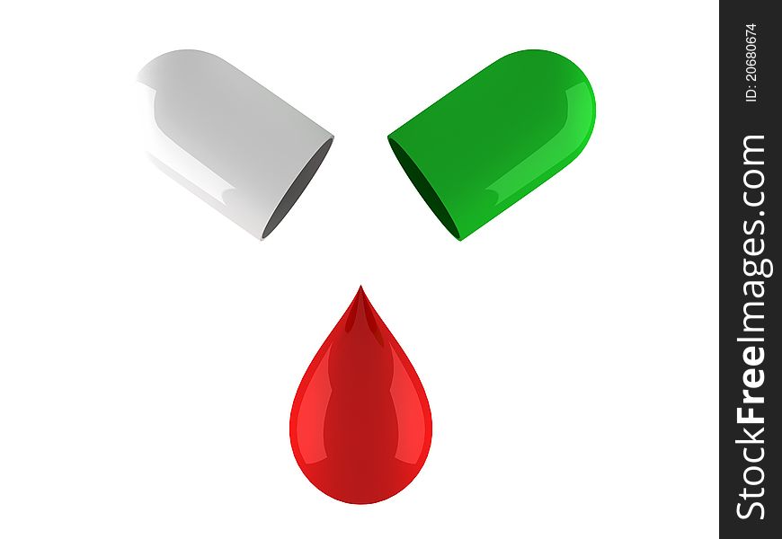 Pill with drop of blood 3d