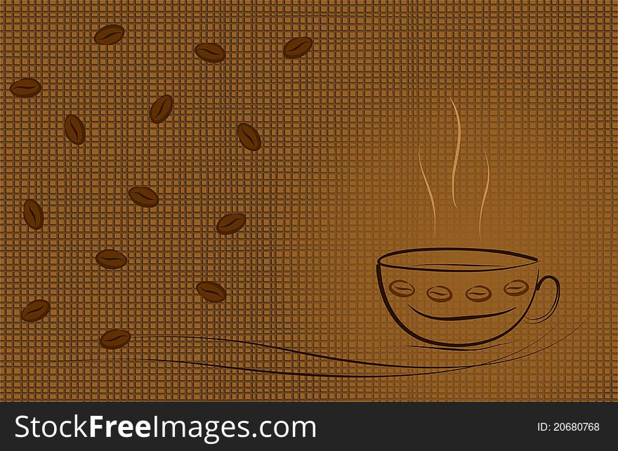 Coffee theme illustration with a hot cup of coffee, coffee beans and texture. Coffee theme illustration with a hot cup of coffee, coffee beans and texture