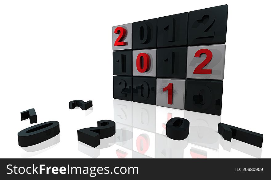 Illustration of numbers of new year 2012 on a panel and fallen numbers in the floor. Illustration of numbers of new year 2012 on a panel and fallen numbers in the floor