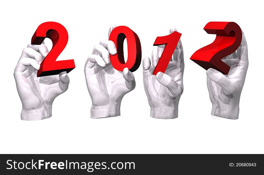 Illustration of white hands with numbers of new year in red color. Illustration of white hands with numbers of new year in red color