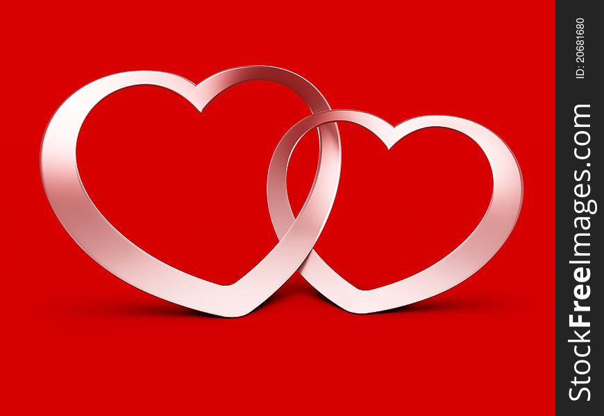 Two jointed hearts on red background