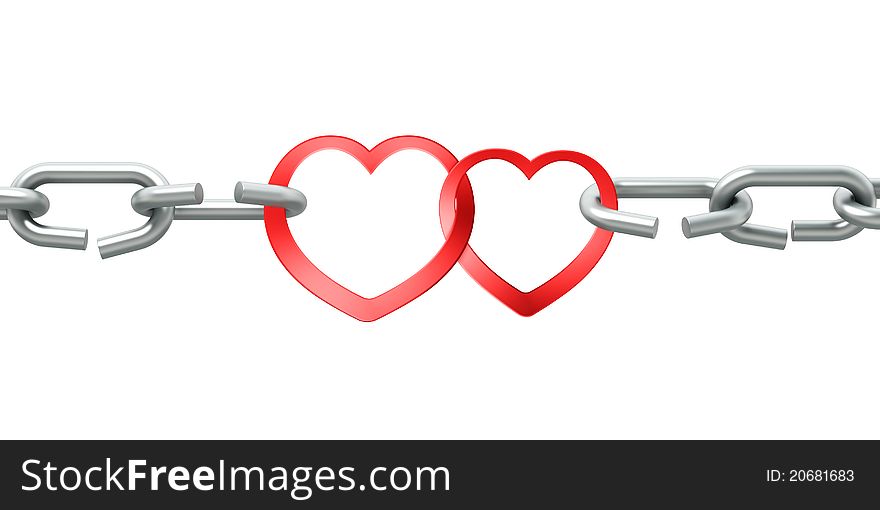 Steel chain with two joined red hearts