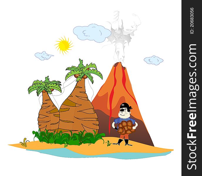 Island with a volcano and a pirate  illustration art