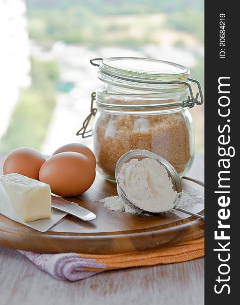 Baking at home: butter, eggs, sugar and flour. Baking at home: butter, eggs, sugar and flour