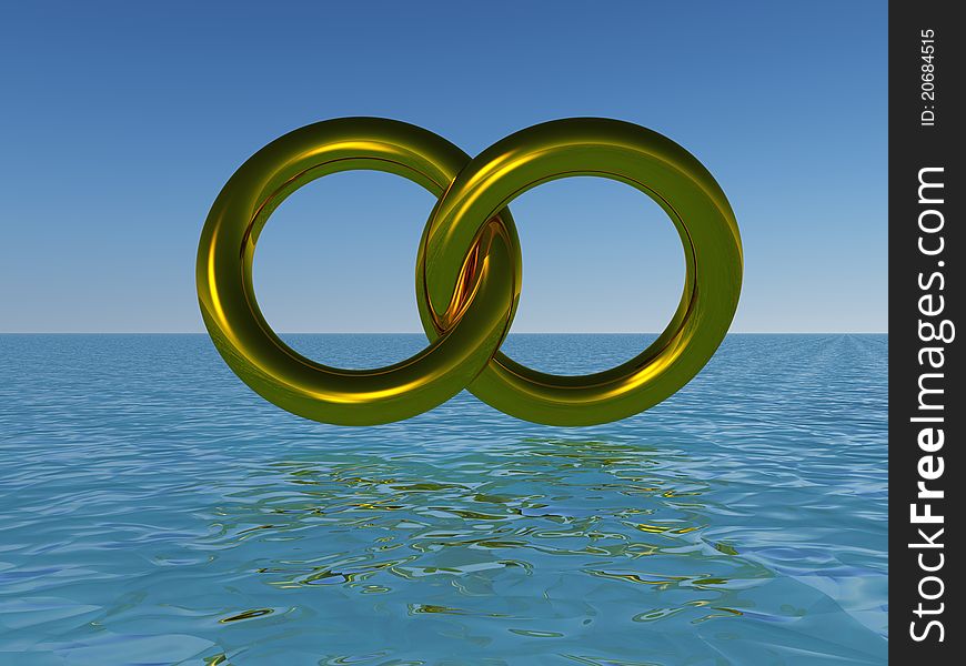 Two golden rings with a refection on water. Two golden rings with a refection on water