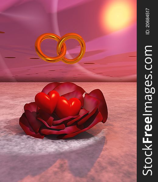 Two golden rings in the air over a red rose with two red hearts. Two golden rings in the air over a red rose with two red hearts.