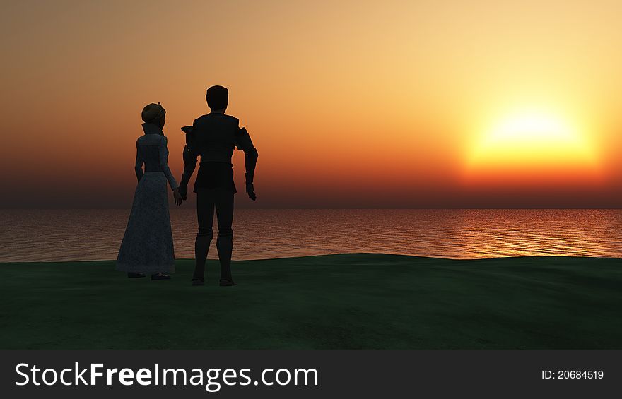A woman and a man standing hand in hand and are looking into a fantastic sunset. A woman and a man standing hand in hand and are looking into a fantastic sunset.