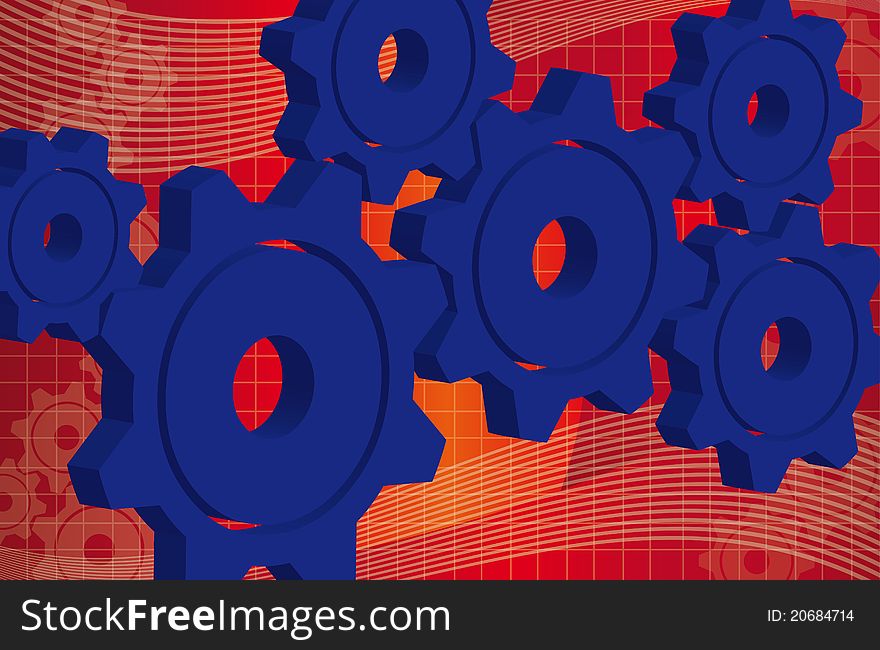 3d gears blue over red and white wave background. vector