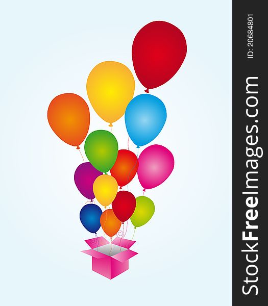 Balloons surprise colors with pink box over blue background. vector