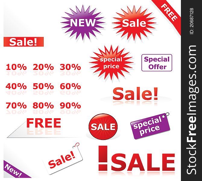 A variety of discount icons and labels for online shops against white background. A variety of discount icons and labels for online shops against white background.