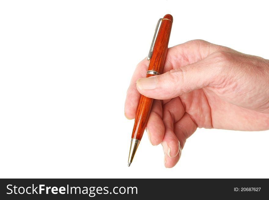 Closeup of a males hand holding a pen isolated against white. Closeup of a males hand holding a pen isolated against white