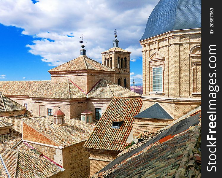 Aerial view of the Spanish city of Toledo, churches and domed roofs. Aerial view of the Spanish city of Toledo, churches and domed roofs