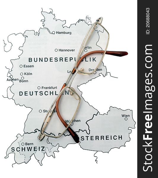 Map of the German speaking population of Europe and glasses. Map of the German speaking population of Europe and glasses