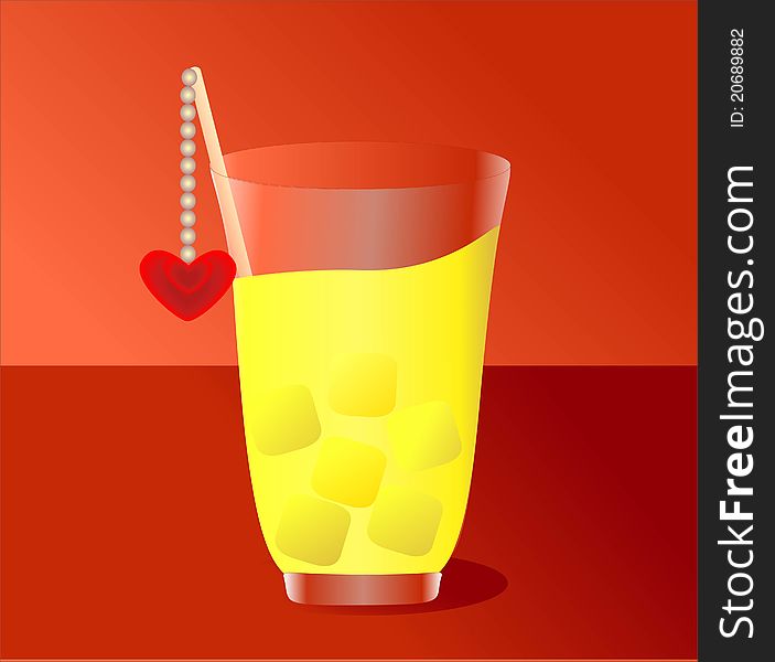 Yellow juice glass with ice and a heart. Yellow juice glass with ice and a heart.