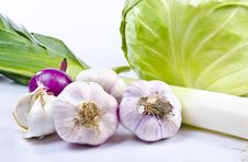 Garlic, Cabbage, Leek Stock Photography