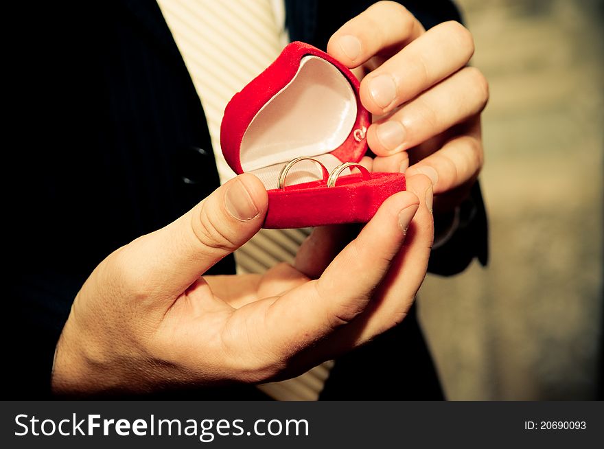 Wedding rings in groom's hands