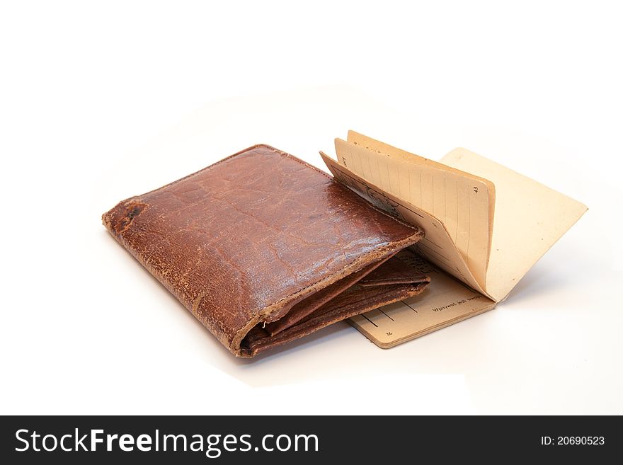 Old wallet and old document on white background. Old wallet and old document on white background