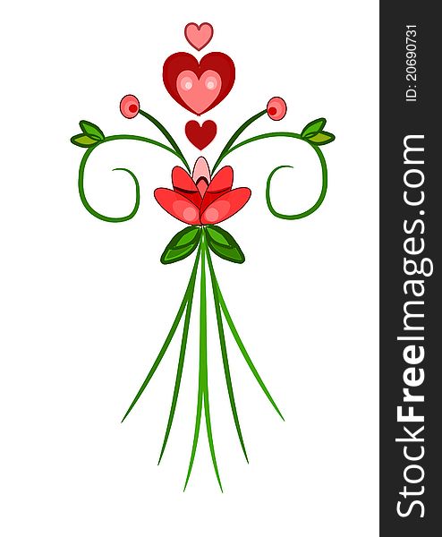 Valentine Bunch Of Flowers With Red Hearts