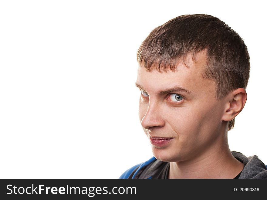 Young man having satisfied look isolated on white background