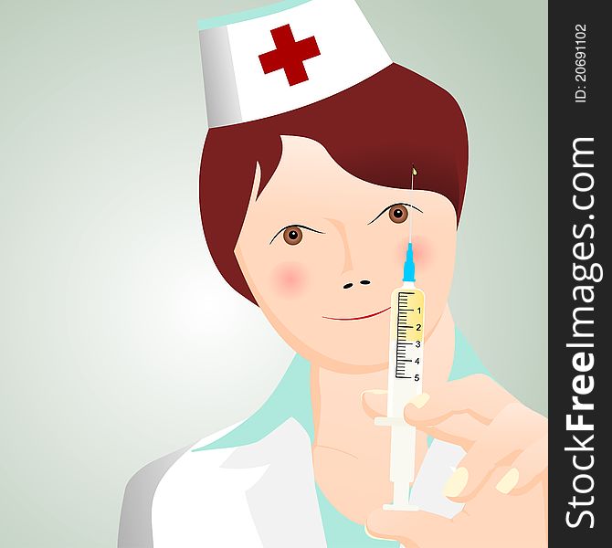 Beautiful young nurse with syringe, cartoon illustrations