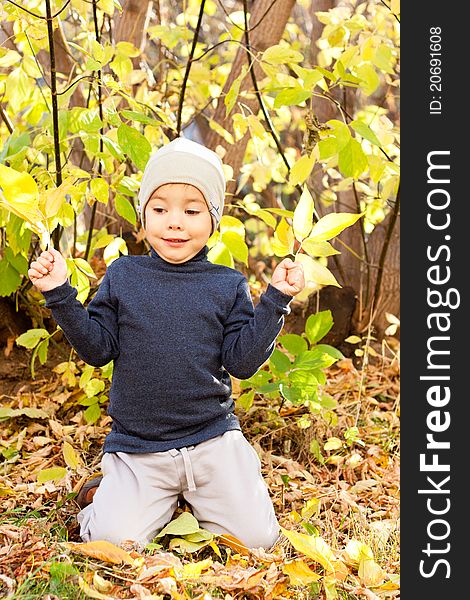 Boy Walking In Autumnal Park