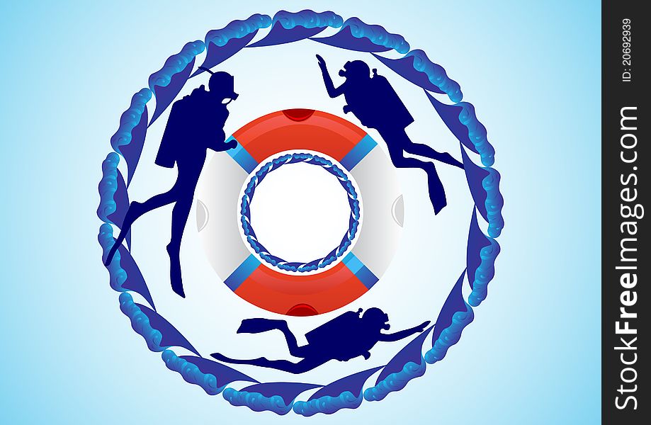 Three scuba divers and a life preserver on a background of abstract waves. Three scuba divers and a life preserver on a background of abstract waves.