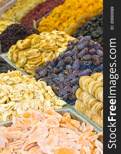 Colorful healthy dried fruits and dates in the market,. Colorful healthy dried fruits and dates in the market,