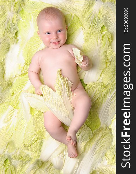 Small child is among the lettuce leaves isolated on white