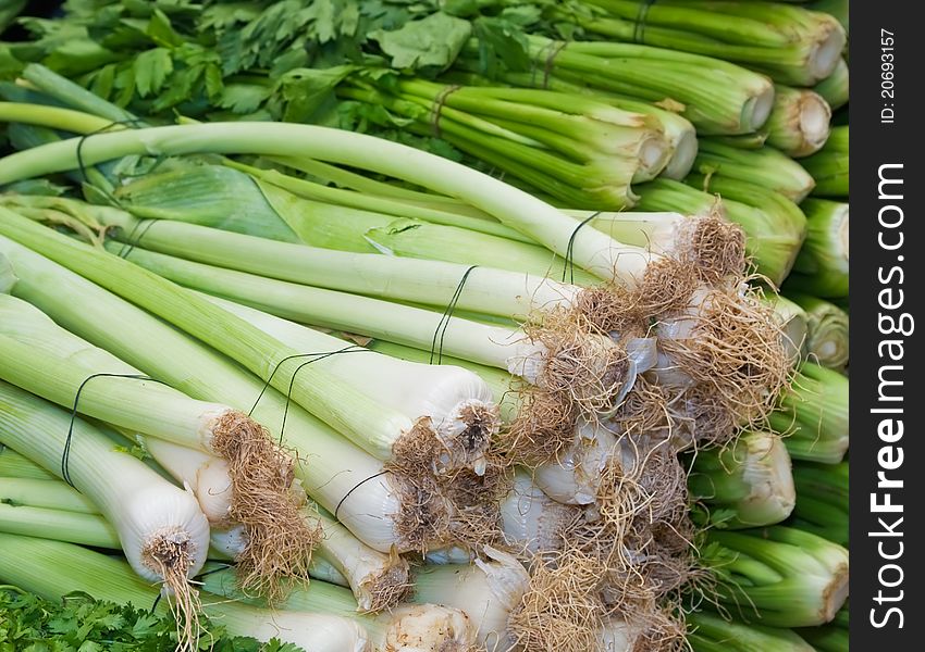 A bunches of fresh healthy leek and celery at the market