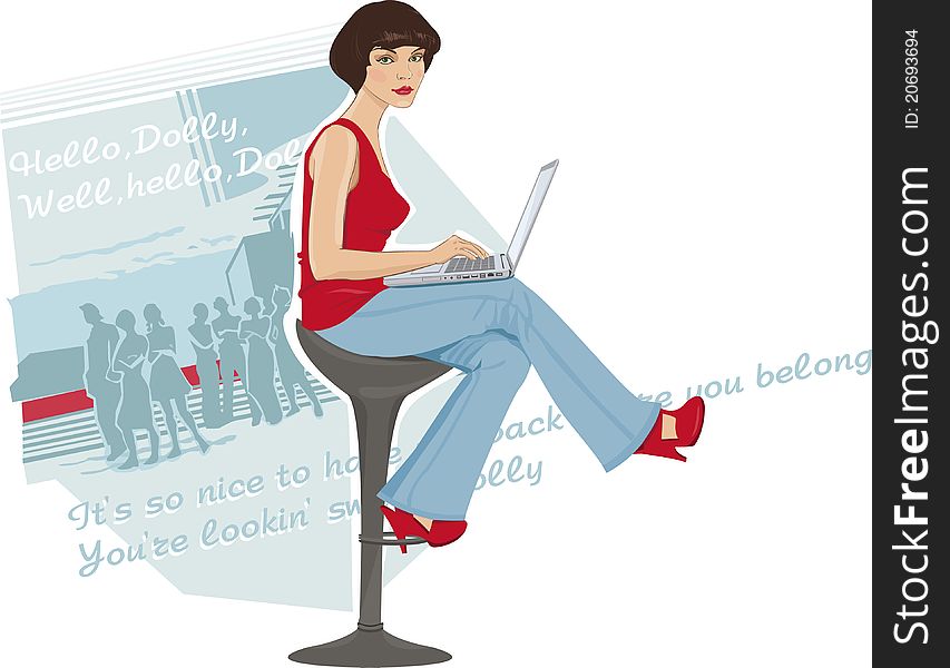 Illustration of a young woman sitting by the computer. Illustration of a young woman sitting by the computer