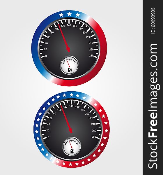 Red and blue speedometer with white star over gray background. Red and blue speedometer with white star over gray background.