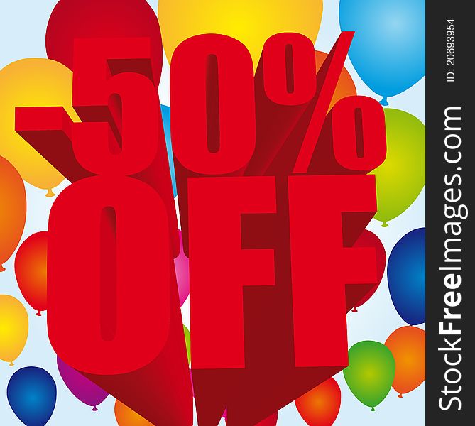Red -50 percent off text over colorful balloons background.