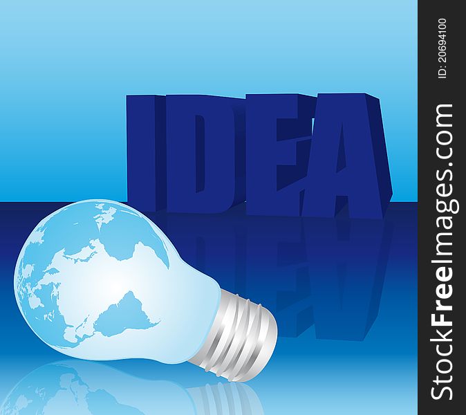 Blue electric bulb with earth with idea text over blue background. Blue electric bulb with earth with idea text over blue background.