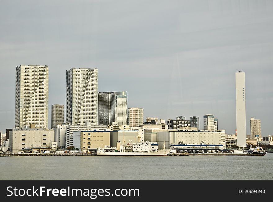 Tokyo city near the sea. View from the harbour to Odiba at Tokyo, Japan