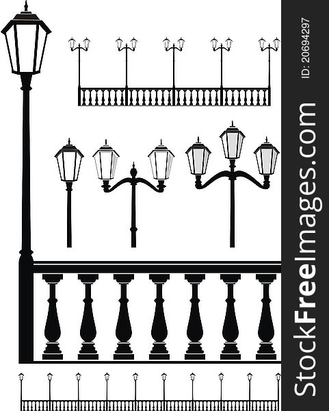 Set of street lantern in old style and balustrade - vector isolated illustration on white background. Architectural element.