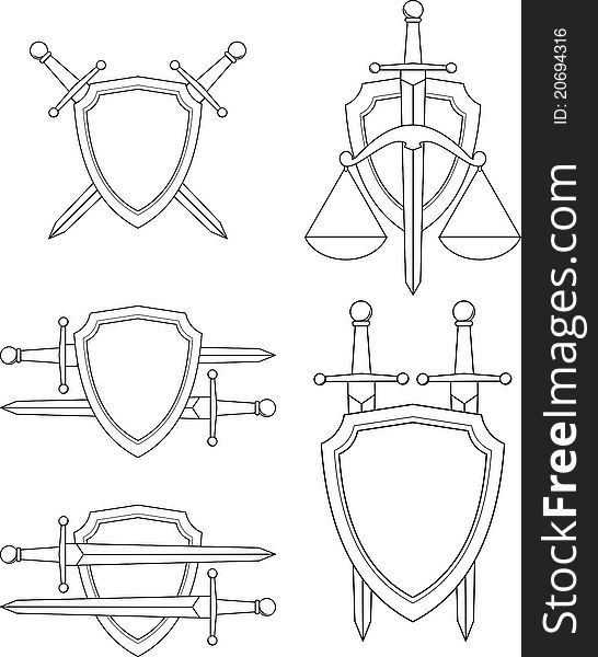 Set of emblems - shield, sword and scales. Armorial symbols. Isolated vector illustration (white silhouette, black contour) on white background. Set of emblems - shield, sword and scales. Armorial symbols. Isolated vector illustration (white silhouette, black contour) on white background.