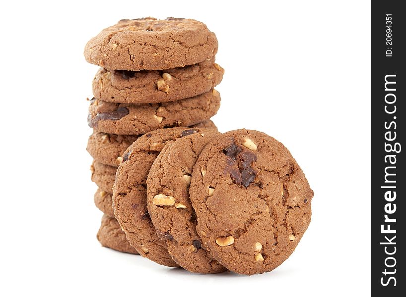 Cookies with nuts and chocolate on a white background