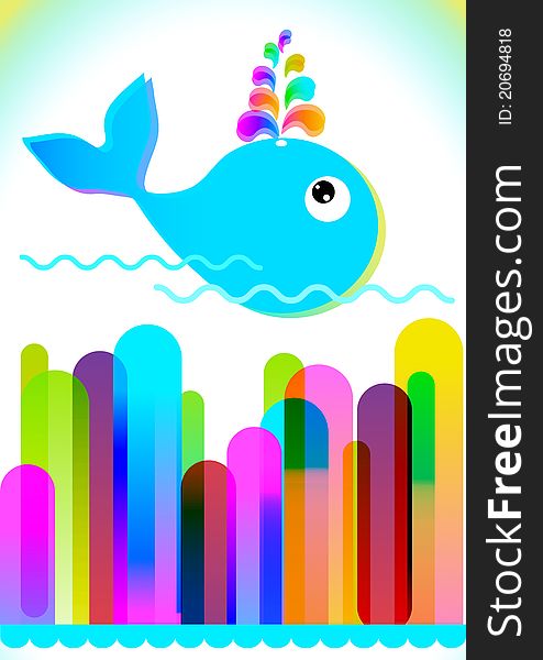 Colorful background with lines and whale over white