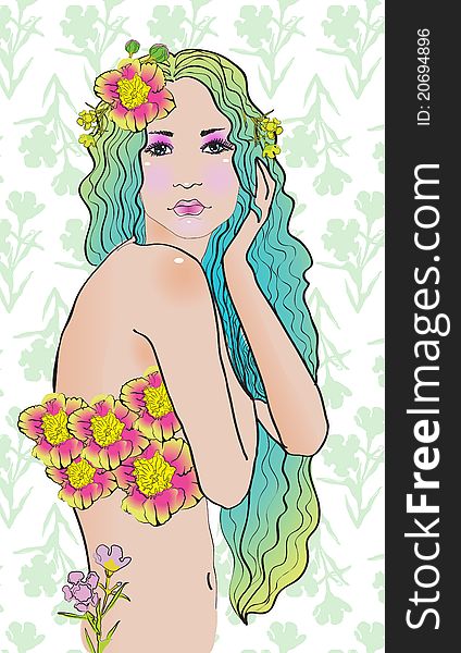 Creative hand painted fashion girl with flowers. Creative hand painted fashion girl with flowers