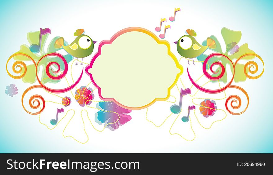 Color Background With Birds And Flowers And Label