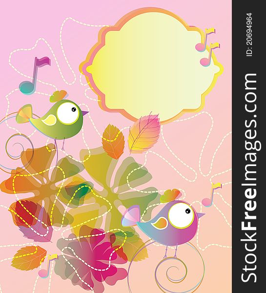 Color Background With Birds And Flowers And Label