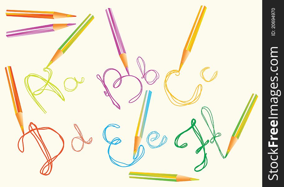 Color hand drawing letters for your design, A,B,C,D,E,F with colored pencils