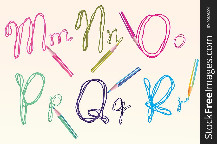 Color hand drawing letters for your design, mnopqr with colored pencils