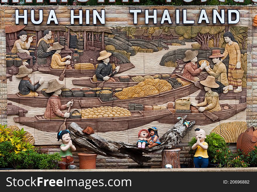 Picture of the floating market that is stuck on the walls of the hotel in hua hin thailand