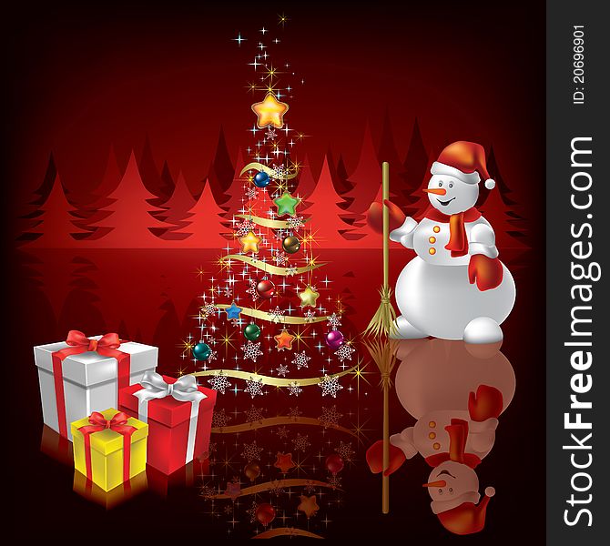 Christmas Background With Snowman And Gifts