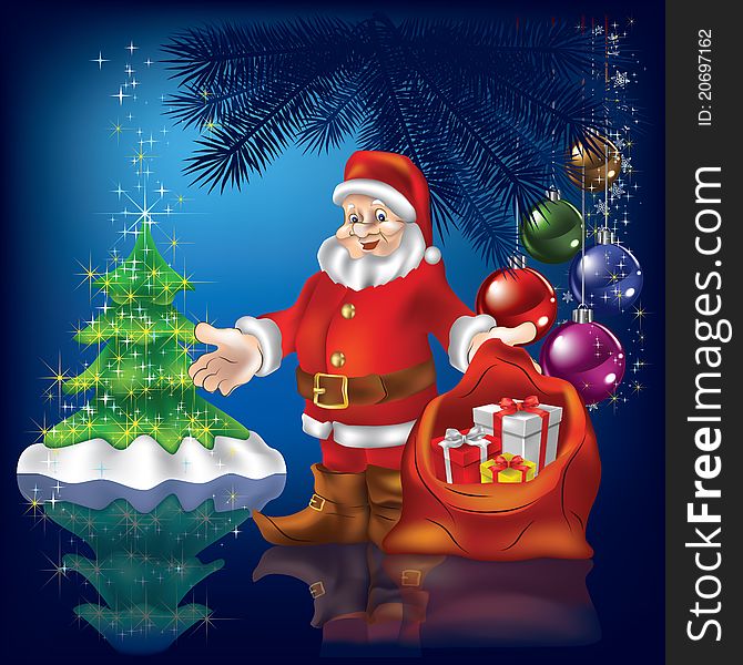 Christmas blue greeting with Santa Claus and gifts. Christmas blue greeting with Santa Claus and gifts