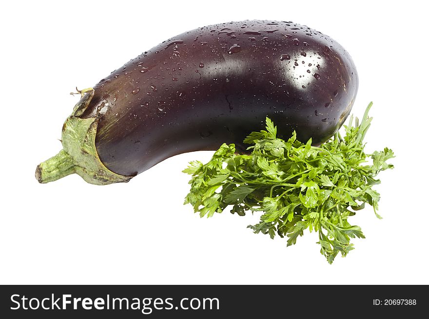 Aubergine vegetable decorated with parsley isolated on white