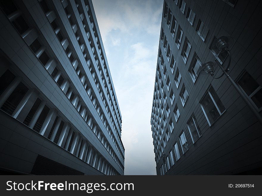 Blue office buildings in Potsdamer Platz, Berlin, Germany.