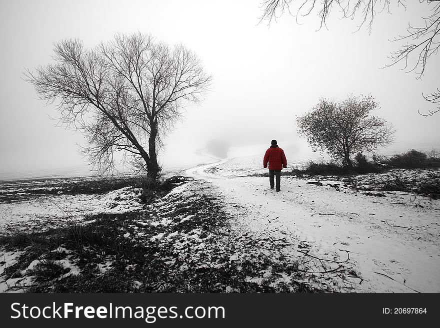 Red coat in the white landscape. Red coat in the white landscape